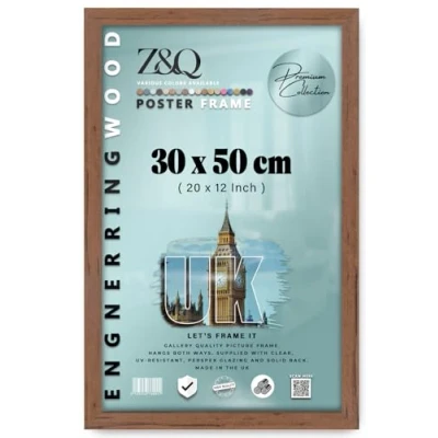 Image of Z&amp;Q Wall Mounted Poster Picture Frame Walnut 30 x 50 cm Display Painting Photo Print With HD Clear Perspex Both Ways Hanging Hooks MDF Wood 30x15mm Moulding