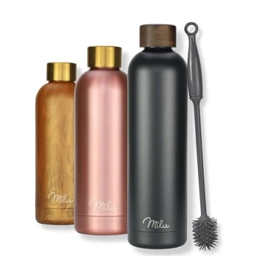 Image of Milu Stainless Steel Water Bottle 500ml 750ml 1L Vaccum Insulated Large Drink Flask Bottles Leakproof Keep Drinks Hot Cold for Bike Camping Sports Gym incl. Cleaning Brush (Wood Black, 1000ml)