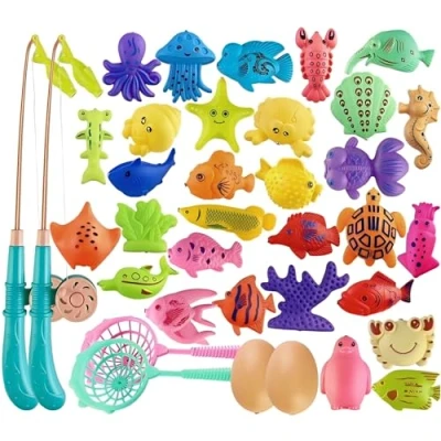Image of Magnetic Fishing Toys, 40 Pcs Kids Game Set with Rod and Net, Outdoor Plastic Floating Fish Bathtime Pool Toy