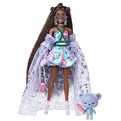 Image of BARBIE BRAND Extra Fancy Doll in Teddy Print Gown with Sheer Train, Bear Pet, Long Hair &amp; Accessories, Flexible Joints, Toy for 3 Year Olds Up, HHN13, Multicolor