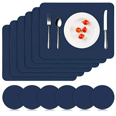 Image of APLKER Placemats and Coasters Set of 6, Heat Insulation PU Leather Table Mats Waterproof Washable Dining Place for Kitchen Indoor Outdoor Party Navy Blue