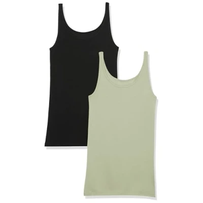 Image of Amazon Essentials Women&#039;s Slim Fit Thin Strap Tank Top, Pack of 2, Black/Light Sage Green, M