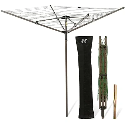 Image of NETTA Rotary Washing Line 4 Arm 45M Dark Green, Cover and Ground Spike Included, Easy to Open Close Laundry Airer, Clothes Dryer, Garden