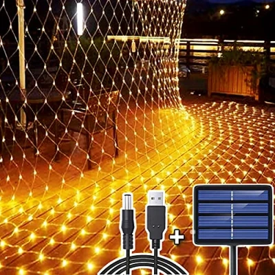 Image of 204 LED Net Lights Outdoor, 3M x 2M Mesh Fairy String Solar/USB Powered Rechargeable Copper Wire Light, Weatherproof Garden Curtain Christmas Decorative for Balcony Fence, Warm White