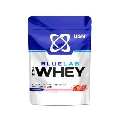 Image of USN Blue Lab Whey Protein Powder, Strawberry Flavour 476g (14 Servings), Premium Isolate Dietary Supplement, Post Workout Lean Muscle Growth BCAA Amino Acids Powder