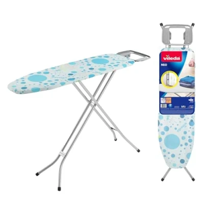 Image of Vileda Neo Ironing Board with Hanger Hooks, Adjustable Height, Compact Surface 114 cm x 33 cm, 100% Cotton Cover Foam, Non Slip Feet, Kid Safe Pull and Lift Closing