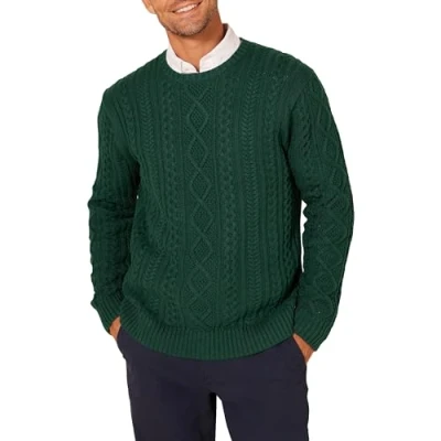 Image of Amazon Essentials Men&#039;s Long Sleeve 100% Cotton Fisherman Cable Crewneck Jumper, Dark Green, XXL