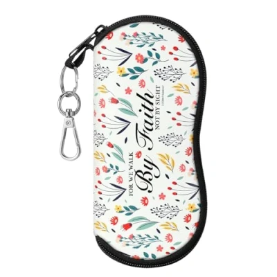 Image of MoKo Eyeglass Soft Case, Zippered Neoprene Sunglasses Pouch with Clip for Men Women, White &amp; Flower