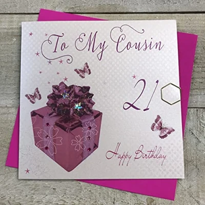 Image of white cotton cards &quot;Pink Present, To My Cousin 21 Happy Birthday Handmade 21st Card, White, wb160