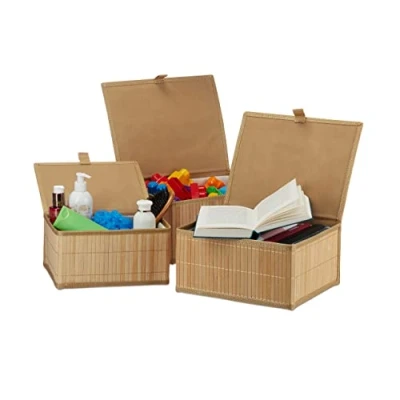 Image of Relaxdays Set of 3 Bamboo Storage Baskets, Boxes with Lid, Container, Decorative Storage, Natural