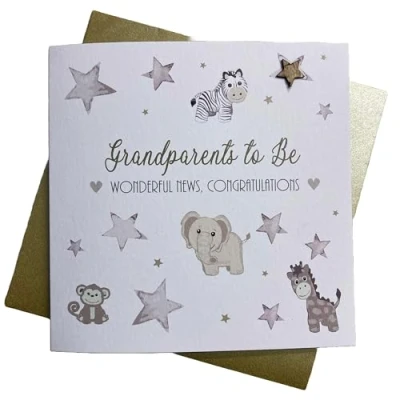 Image of WHITE COTTON CARDS GRANDPARENTS TO BE SILVER STARS NEW BABY CARD, HAND FINISHED (S490)