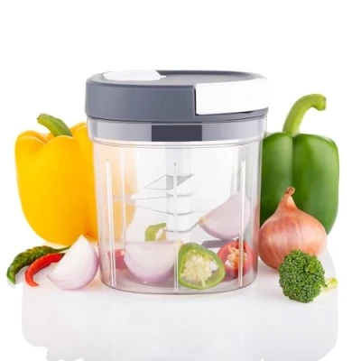 Image of Grey Manual Pull String Chopper, Handy Chopper with 5 Blades for Chopping Vegetables, Fruits, Onions, Garlic, Meat, Nuts Stainless Steel Removable Blades, Hand Food Processor 1000ml