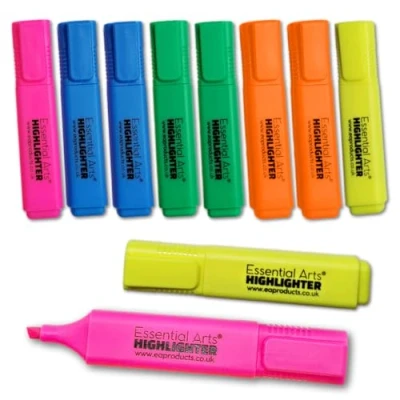 Image of Essential Arts Square Mixed Highlighter Pen Pack of 10 Yellow, Green, Pink, Orange, Green and Blue Chisel Tip Fluorescent Highlight Marker Pens for Office, School Art Business