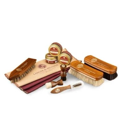 Image of Langer &amp; Messmer 12 Piece Shoe Care Set with Leather Creams, Horsehair Brushes, Dirt Brush, Suede Cotton Towels for Smooth Shoes