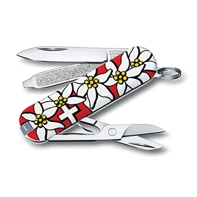 Image of Victorinox, Classic, Swiss Army Pocket Knife, small, Multi Tool, Camping, 7 Functions, Blade, Nail file, Screwdriver 2.5 mm, Edelweiss