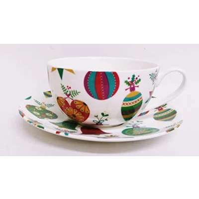 Image of It&#039;s Christmas Cup &amp; Saucer Fine Bone China Cappuccino 12.5 oz Xmas Decorations Large Hand Decorated in UK