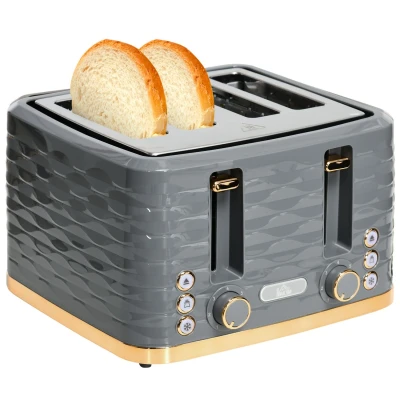 Image of HOMCOM 4 Slice Toaster with 7 Browning Levels, High Lift, Reheat/Defrost/Cancel, Self centring Function, Removable Crumb Tray, Auto Off, 1600W, Grey Water Ripple Texture