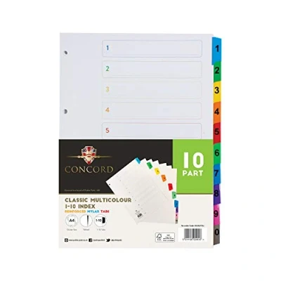 Image of Pukka Pad Concord 10 Part A4 Mylar Dividers 1 Pack of Tab Set, 4 Hole Punch Compatibility, Numbers