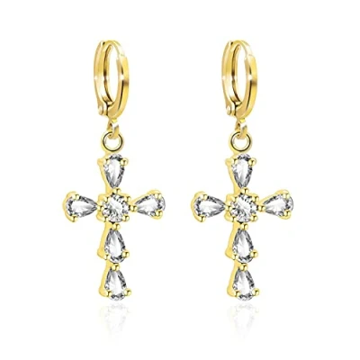 Image of KristLand Gold Tone Full CZ Cubic Zirconia Elegant Sexy Cross Gothic Hoop Piercing Drop Earrings with Plated for Women Waterdrop White