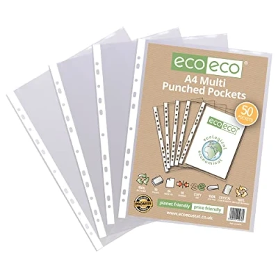 Image of eco A4 100% Recycled Multi Punched Pockets Glass Clear, Transparent Poly Wallet Sheet Protector, 45 Microns (Pack of 50), eco076