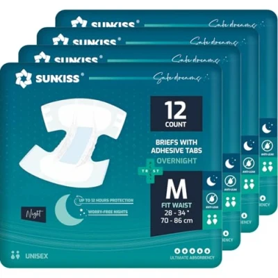 Image of SUNKISS TrustPlus Overnight Adult Diapers with Ultimate Absorbency, Unisex Incontinence Briefs Tabs for Men and Women, Odor Control, Medium, 48 Count (4 Packs of 12)