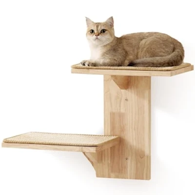 Image of FUKUMARU Cat Wall Shelves, 2 Platform Furniture, Tree Shape Mounted Floating Shelf with Sisal Mat, Solid Rubber Wood Perch for 40 cm Drywall, Suitable Climb, Play, Nap