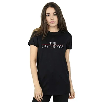 Image of Absolute Cult The Lost Boys Women&#039;s Text Logo Boyfriend Fit T Shirt Black Small