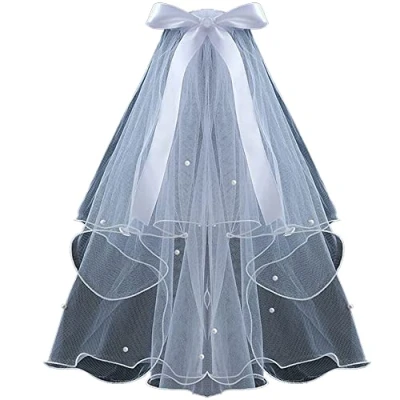 Image of CICILIAYA Bridal Pearl Veil Wedding Vails Women&#039;s Simple White Tulle Short Veils With Comb for Brides Shower Bachelorette Hen Party Church Costume Gift Prom Halloween Girls First Communion(White)