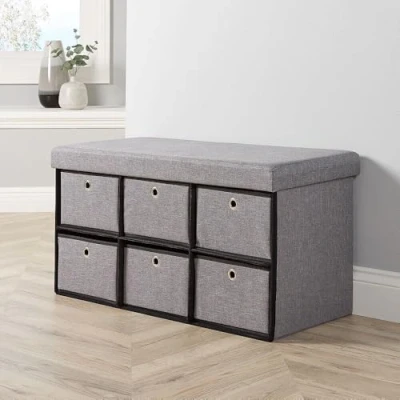 Image of Home Source Folding Ottoman 6 Drawer Fabric Storage Chest, Grey, 76cm