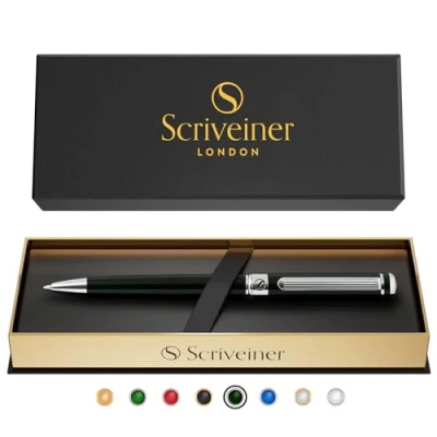 Image of Scriveiner Ballpoint Pen London Stunning with 24K Gold Finish, Schmidt Black Refill, Best Ball Gift Set for Men &amp; Women ( Very Dark Green Chrome)