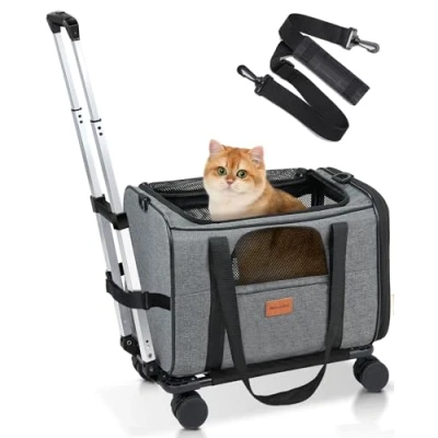 Image of Morpilot Cat Carrier with Wheels Airline Approved, Pet Dog for Small Dogs, Rolling Large Cats Puppy Stroller Detachable and Foldable Travel Bag Dark Gray