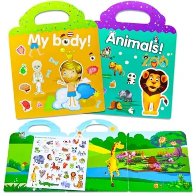 Image of Reusable Sticker Book 2 Pack Stickers for Children Toddlers, Body and Animal with Scenes Illustration, Waterproof PVC Kids Stickers, Books 3+ Year Olds, Gifts