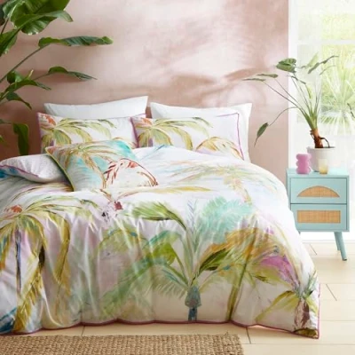 Image of Appletree Tropical Palm Leaves Duvet Cover Single Bedding Size (140 x 200cm) 100% Cotton Pink Piped Edge 1 Pillowcase Green with Leaf Jungle in