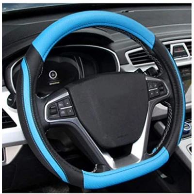 Image of D Cut Steering Wheel Cover Shaped Flat Bottom Microfiber Leather Anti Skid Breathable Fit 14.5&quot; 15&quot; (Blue)