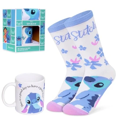 Image of Disney Stitch Mug and Socks Gift Set for Women Calf Gifts (White/Blue)