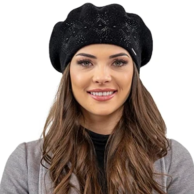 Image of Vivisence Elegant Winter Beret for Women with Classic Style and Zirconia Details Perfectly Fitted Ideal Cold Autumn Days Great Gift Idea, Black,UNI