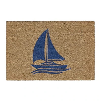 Image of Relaxdays Coir Doormat with Sailing Design, Door Mat Exterior and Inside, Nautical Coconut Mat, W x D: 60 40 cm, Natural/Blue, 1 Piece
