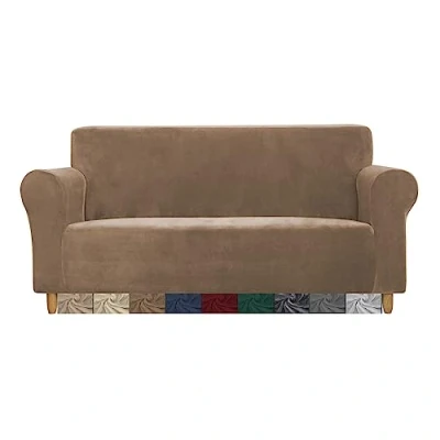 Image of CMAKER Velvet Sofa Covers Couch Cover 2 Seater Stretch with Non Slip Elastic Bottom Furniture Protector Slipcovers for Pets(2 Seater,Camel)