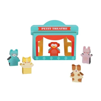 Image of Petit Collage: Friends Puppet Theatre Set includes 1 double sided stage, 5 Puppets, and 3 Accessory Sheets Make Your Own Puppets Stories Great for 2 4 Players Ages 3+