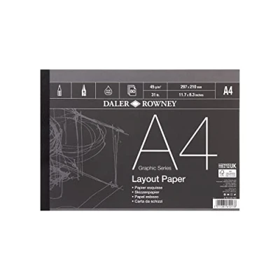 Image of Daler Rowney Graphic Series 45gsm A4 Layout Paper Pad Glued 1 Side, 80 White Sheets, Ideal for Professional Artists &amp; Students