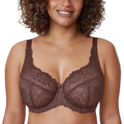Image of Delimira Women&#039;s Plus Size Bra Full Coverage Minimiser Non Padded Lace Underwired Bras Taupe 38E