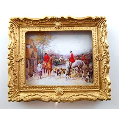 Image of Melody Jane Dolls House Miniature Accessory 1:12 Gold Framed Hunting Scene Picture Painting