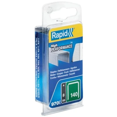 Image of Rapid High Performance Staples for Insulation, Thin Plastics, Cardboard and Carpets Flatwire No. 140, Leg Length 8mm, Staple Gun Staples, Galvanised Steel, 970 Pieces, Narrow Blister(40109514), Silver
