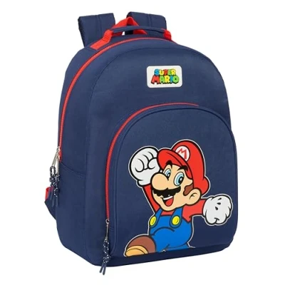 Image of Super Mario World School Backpack Adaptable to Car, Backpack, Ideal for Children of Different Ages, Comfortable and Versatile, Quality Resistance, 32 x 15 42 cm, Navy Blue, navy, Estándar,