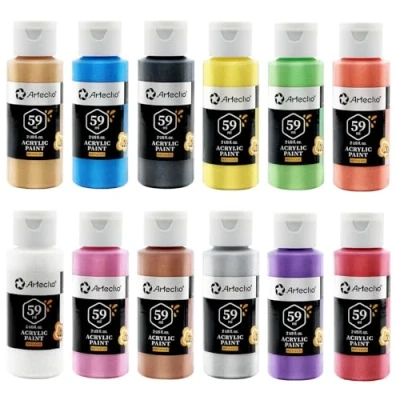 Image of Artecho Acrylic Paint Metallic Set for Art, 12 Colors 2 Ounce/59ml Supplies Wood, Fabric, Crafts, Canvas, Leather&amp;Stone