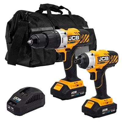 Image of JCB 18V Twinpack Cordless Combi Drill and Impact Driver with 2x2.0Ah Lithium ion Batteries, Fast Charger, Variable Speed &amp; LED Light in 20&quot;&quot; Kit Bag, 3 Year Warranty