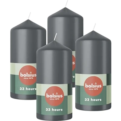 Image of Bolsius Pillar Candles Anthracite 4 Pack 12 x 6 cm Decorative Household Long Burning Time of 33 Hours Unscented Includes Natural Vegan Wax Without Palm Oil