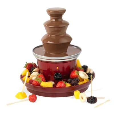 Image of Giles &amp; Posner EK3428G Chocolate Fountain 3 Tier Cascading Fondue Set, Electric Melting Pot Base for Milk, White, Dark Chocolate, Party Dip Share, Includes 2 Food Trays 100 Bamboo Skewers, 90W