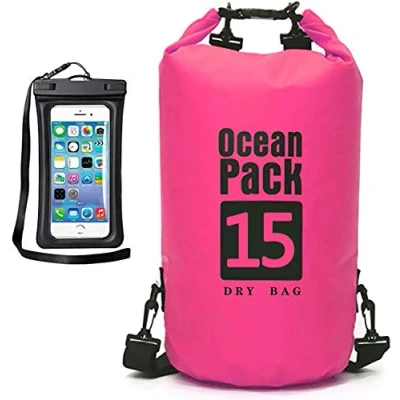 Image of Premium Waterproof Bag Ultralight, with Phone Dry and Adjustable Shoulder Strap, Storage Sacks for Kayaking,Boating,Rafting,Canoeing,Fishing,Rafting,Swimming,Camping,Snowboarding (Pink, 15L)