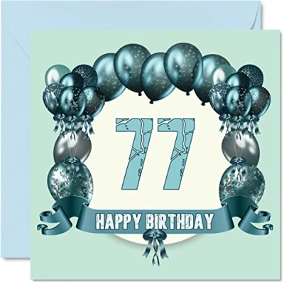 Image of Fun 77th Birthday Cards for Men Balloons Happy Card Dad Uncle Gran Grandpa Auntie Great Grandad Grandma Mum Nanny, 145mm x Greeting Cards,